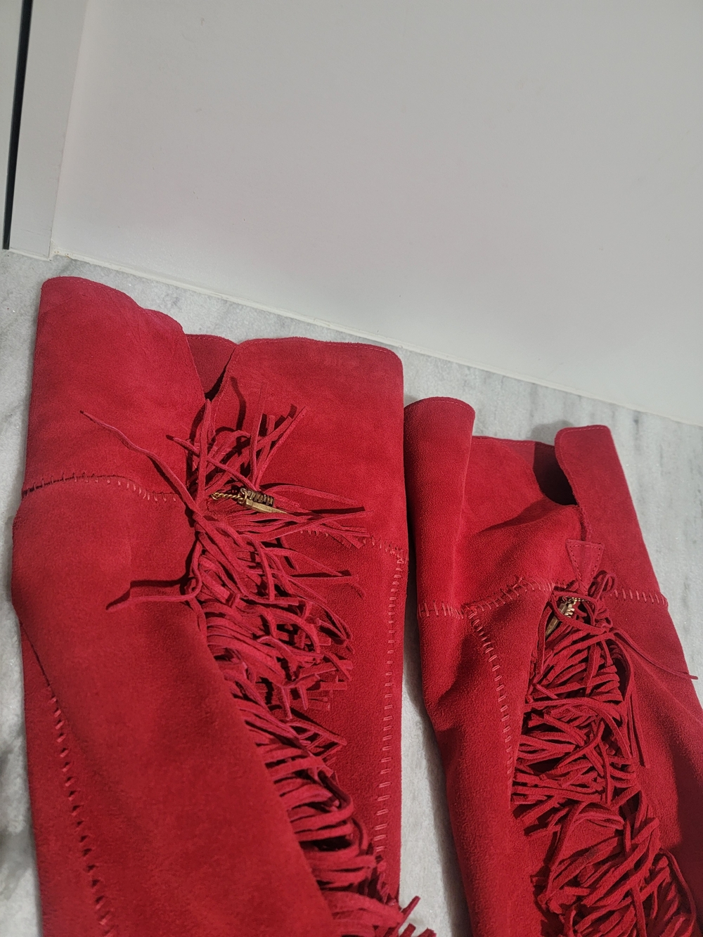 MINNETONKA Red Suede Leather Fringe Knee-High Boots - Picture 7 of 9